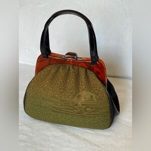Vintage Japanese Kinchaku Kimono bag green woven frame clutch hand bag purse